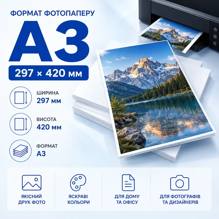 Фотопапір формату A3 для друку великих фотографій, постерів та художніх робіт.