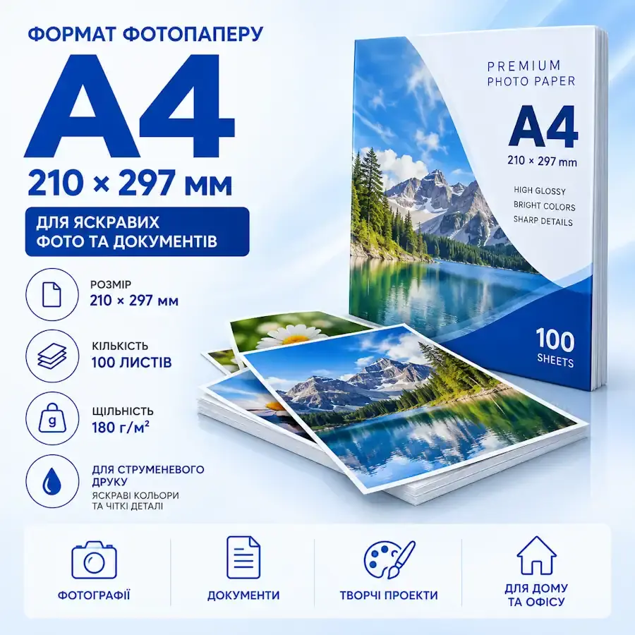 Фотопапір формату A4 для універсального друку фотографій, документів та презентацій.