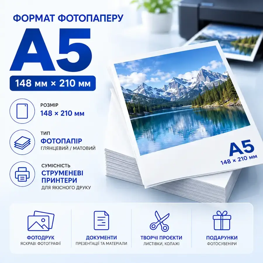 Фотопапір формату A5 для друку фотографій, сертифікатів та рекламних матеріалів.
