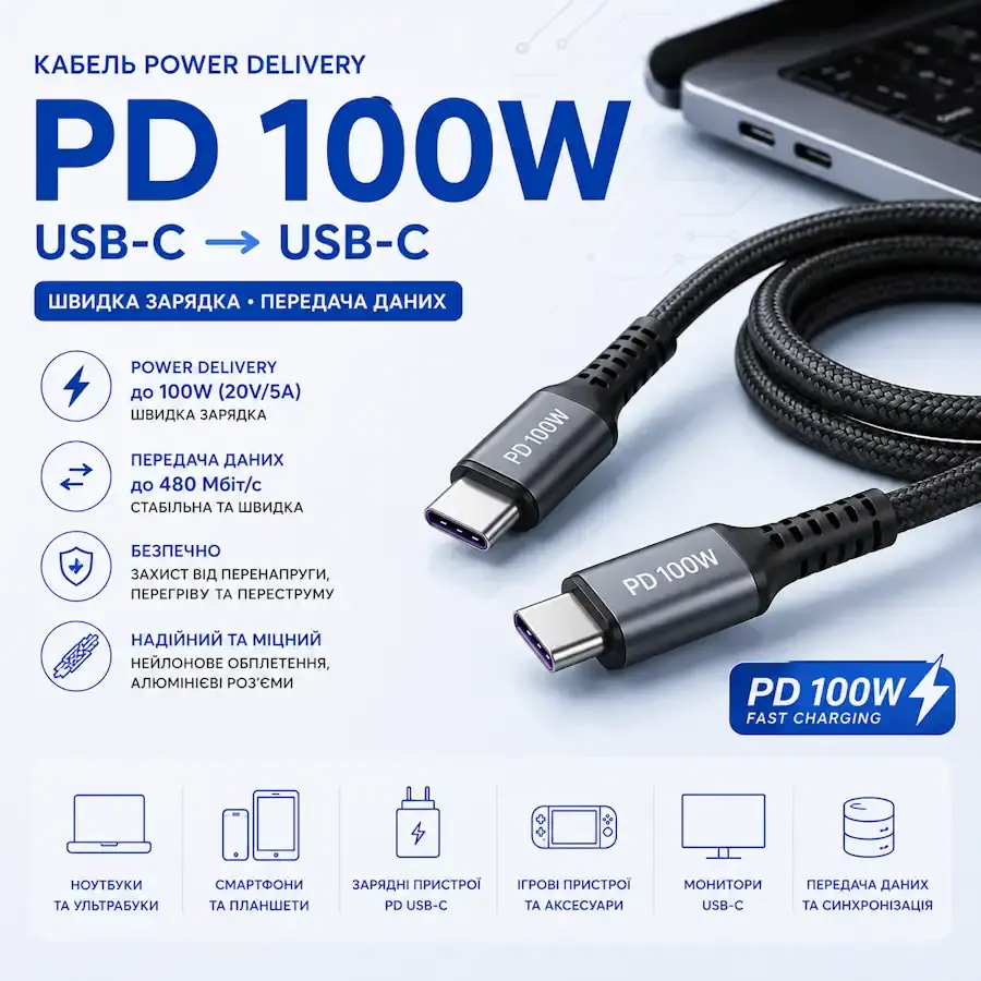 Кабель USB Type-C для заряджання за протоколом USB Power Delivery