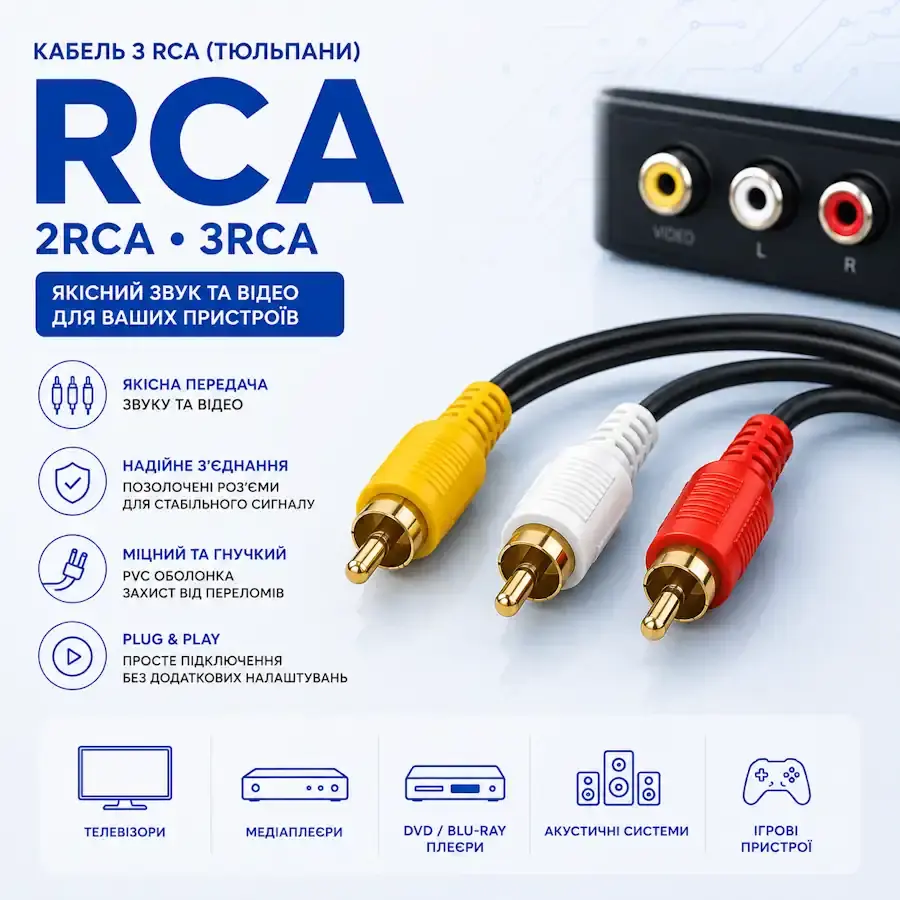 Кабель RCA тюльпан для підключення аудіо та відеообладнання