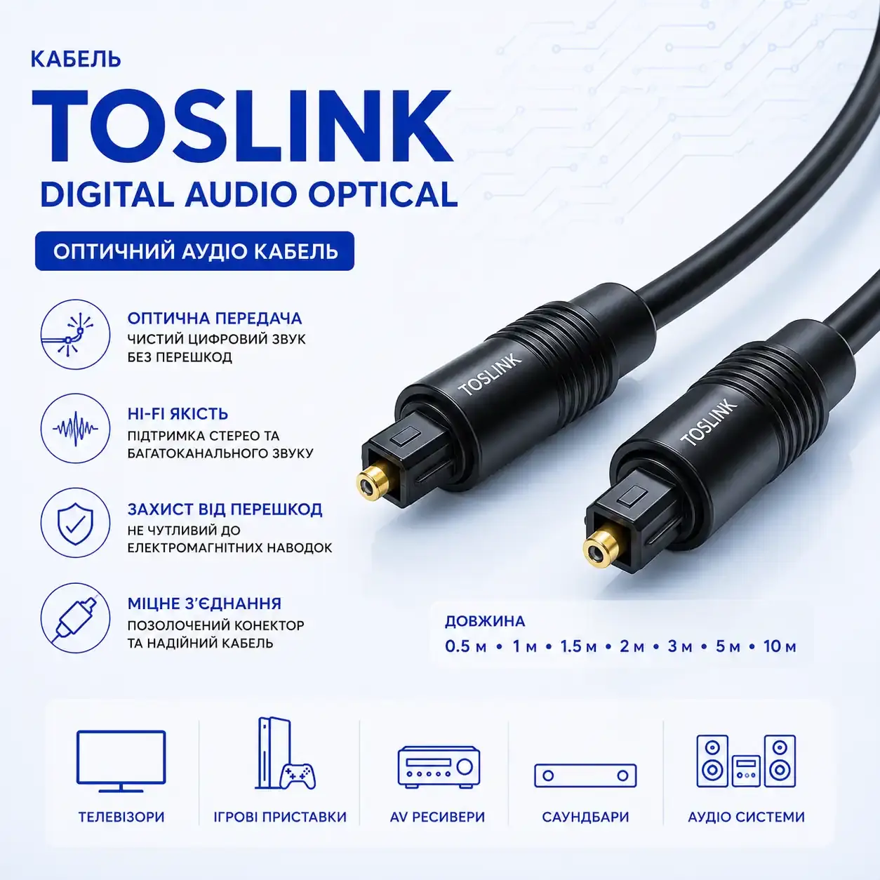 Оптичний аудіокабель Toslink Digital Audio Optical для цифрового звуку