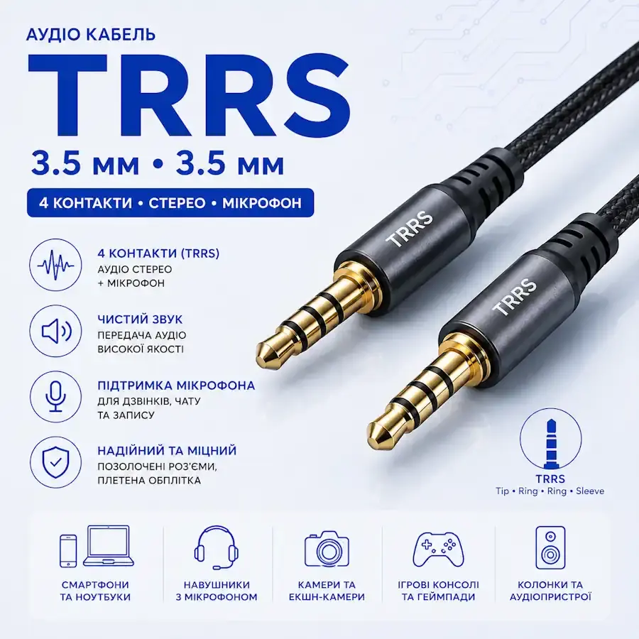 Кабель TRRS 3.5 мм з чотириконтактним штекером для аудіо та відеопристроїв