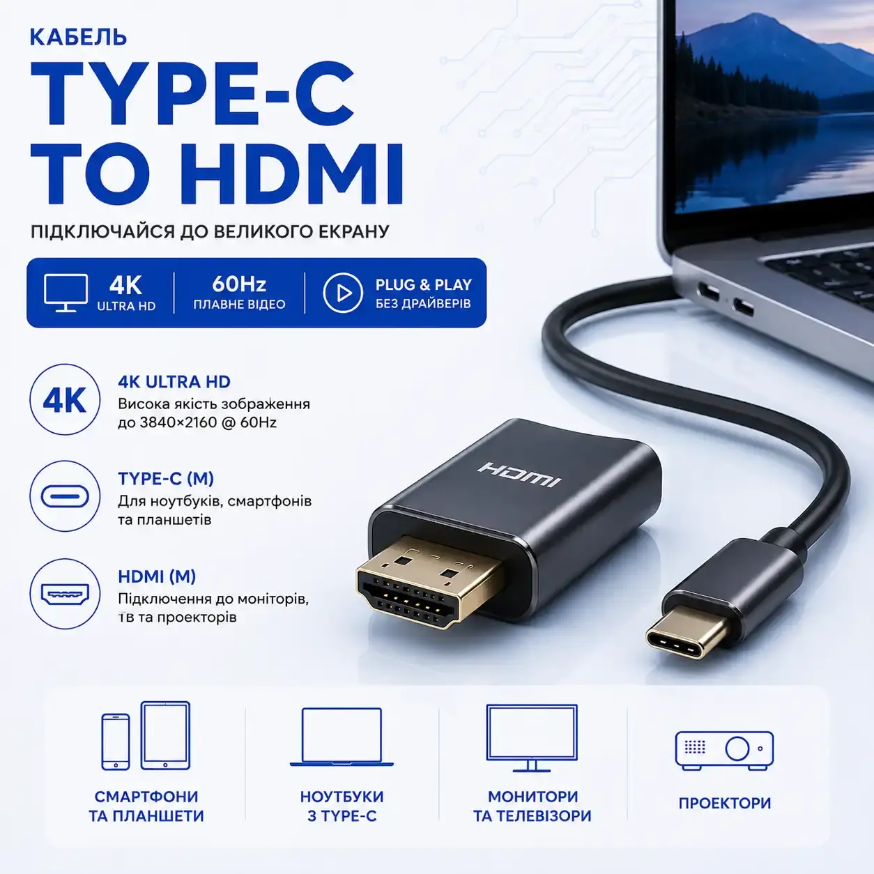 Кабель USB Type-C to HDMI для підключення ноутбука до монітора