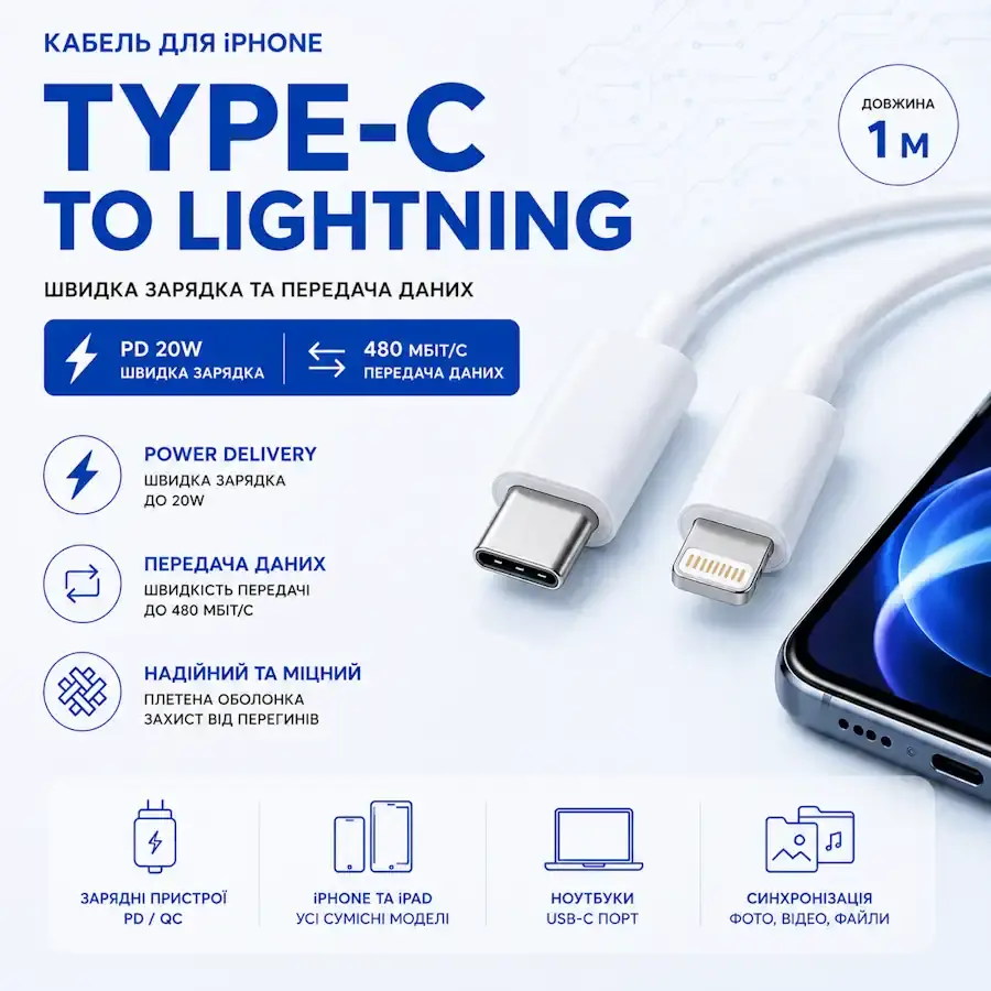 Кабель USB-C — Lightning для заряджання iPhone та передавання даних