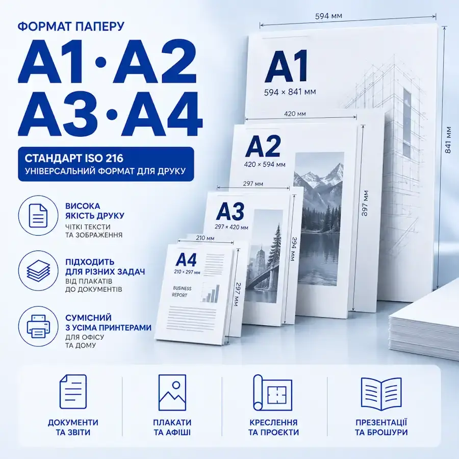Аркуші паперу популярних форматів A3, A4, A5, A6, 10×15 см, 13×18 см і 15×20 см для друку документів та фотографій.