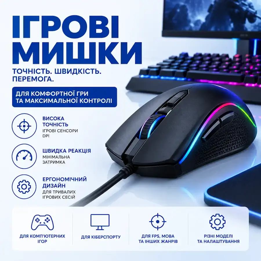 Сучасна ігрова мишка з RGB-підсвічуванням, програмованими кнопками та ергономічним дизайном