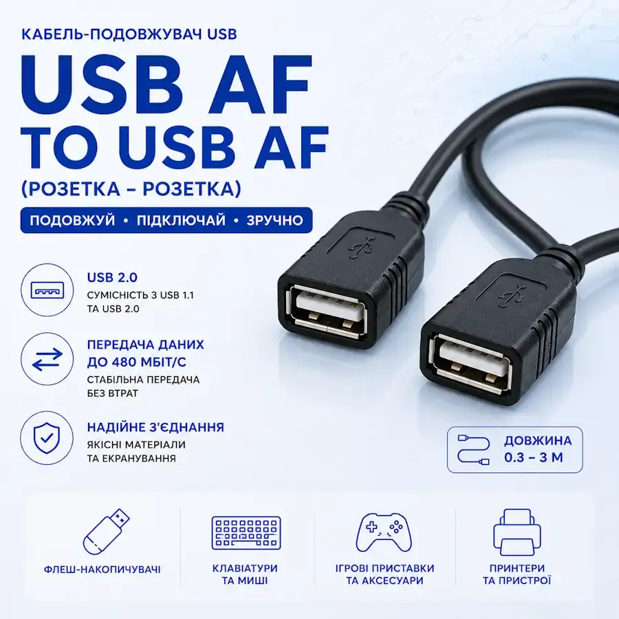 Кабель-перехідник USB AF to USB AF з двома роз'ємами USB Type-A розетка