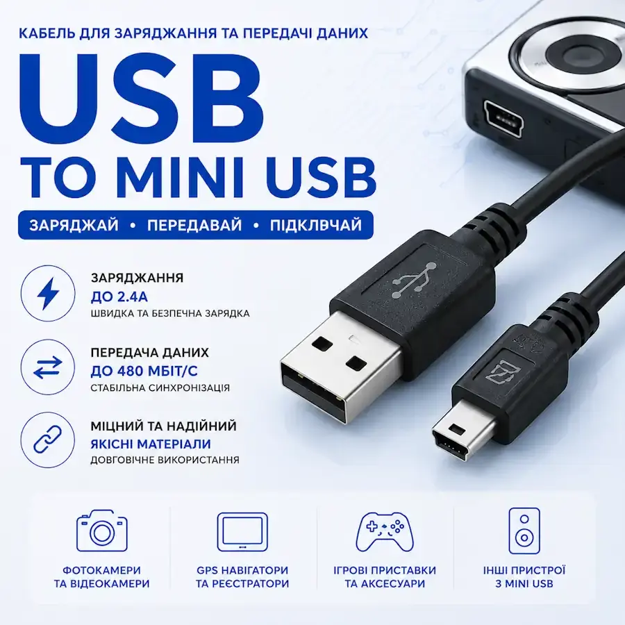 Кабель USB to Mini USB для підключення пристроїв і передачі даних