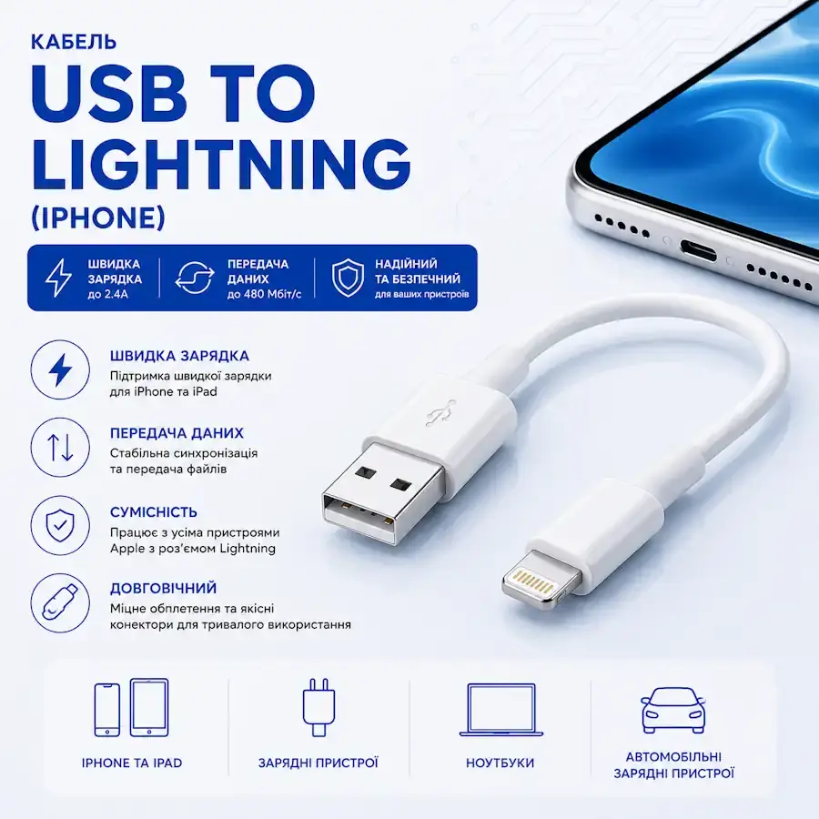 USB to Lightning кабель для заряджання та передачі даних iPhone