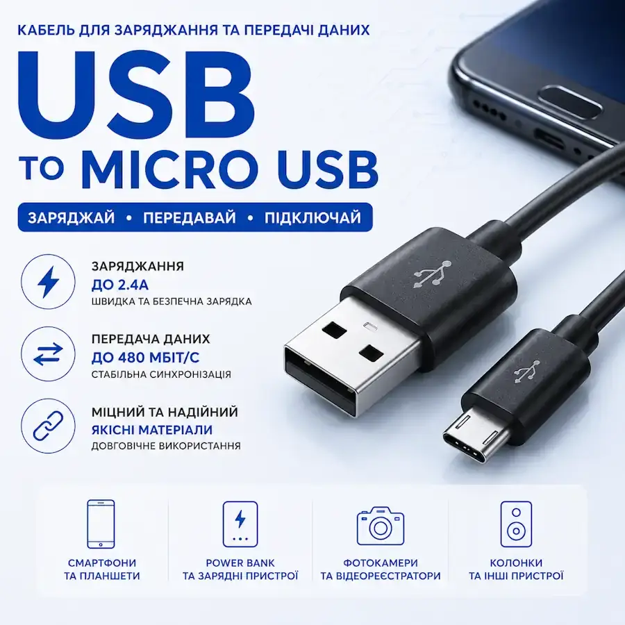 Кабель USB to Micro USB для заряджання та передачі даних