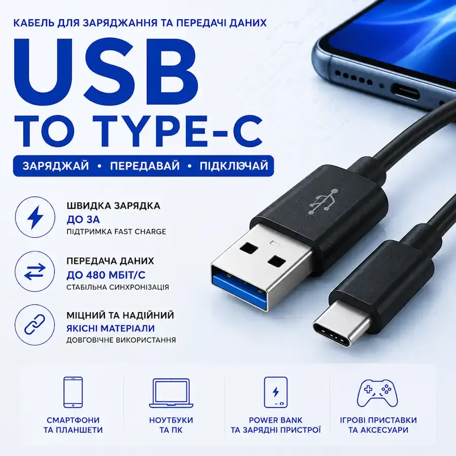 Кабель USB-A to USB Type-C для заряджання та передачі даних