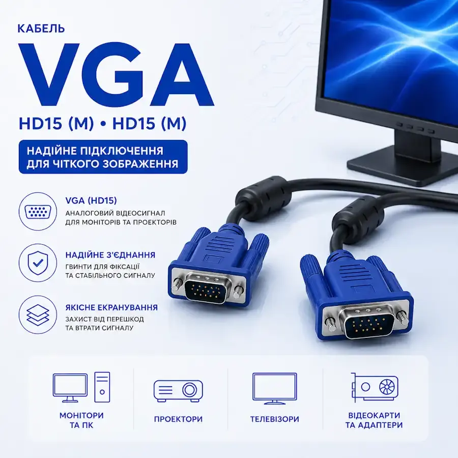 Кабель і перехідник VGA для підключення монітора або проєктора