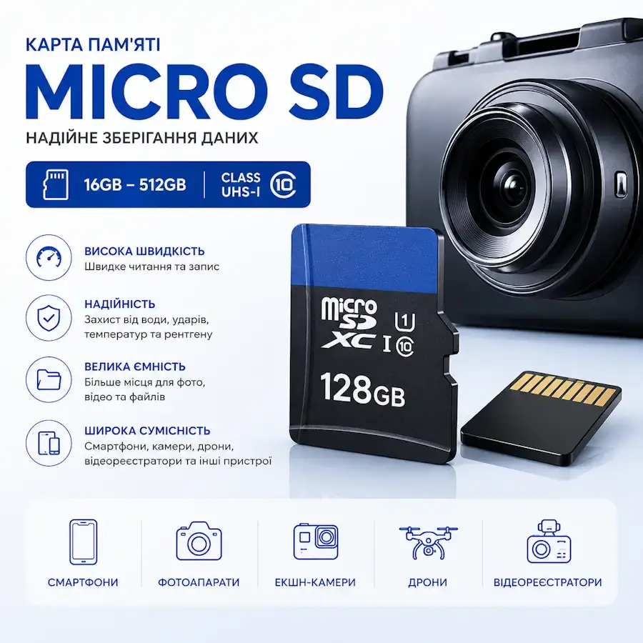Карта пам'яті microSD для смартфонів, камер, реєстраторів і дронів