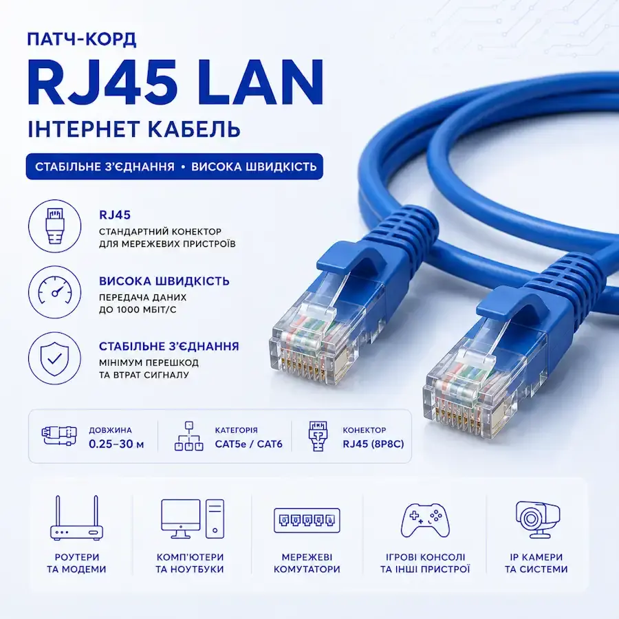 Патч-корд Ethernet для підключення роутера до комп'ютера та мережевого обладнання