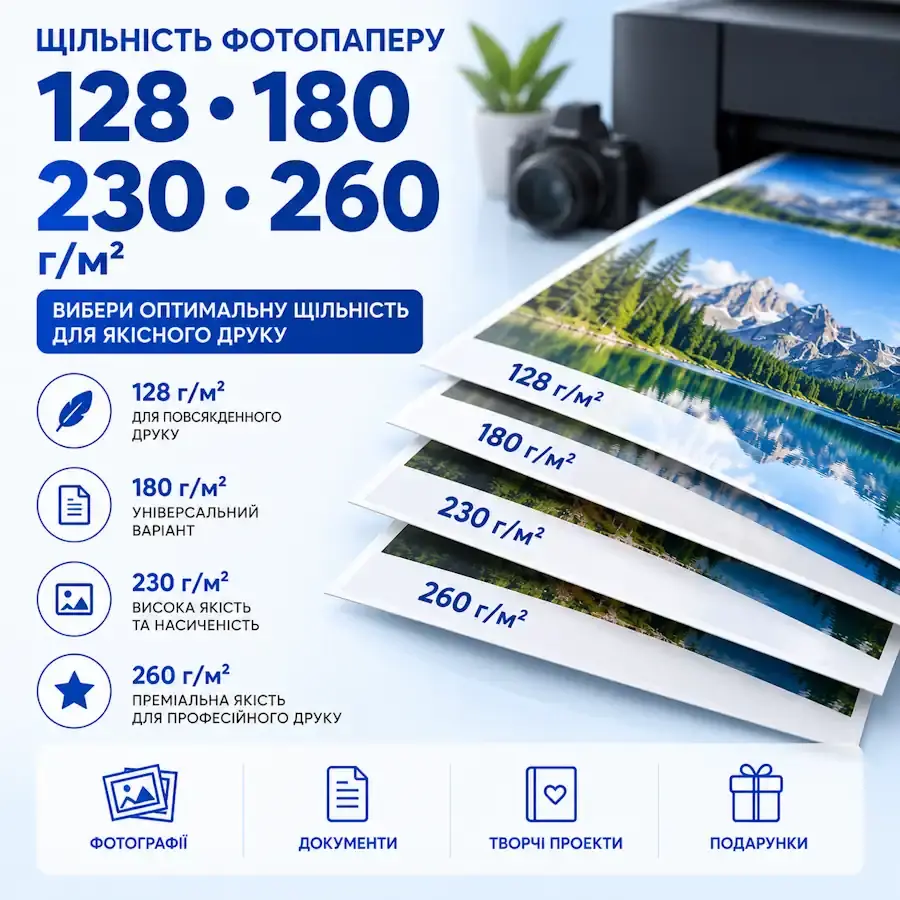 Фотопапір різної щільності для друку фотографій, листівок, презентацій та рекламних матеріалів.
