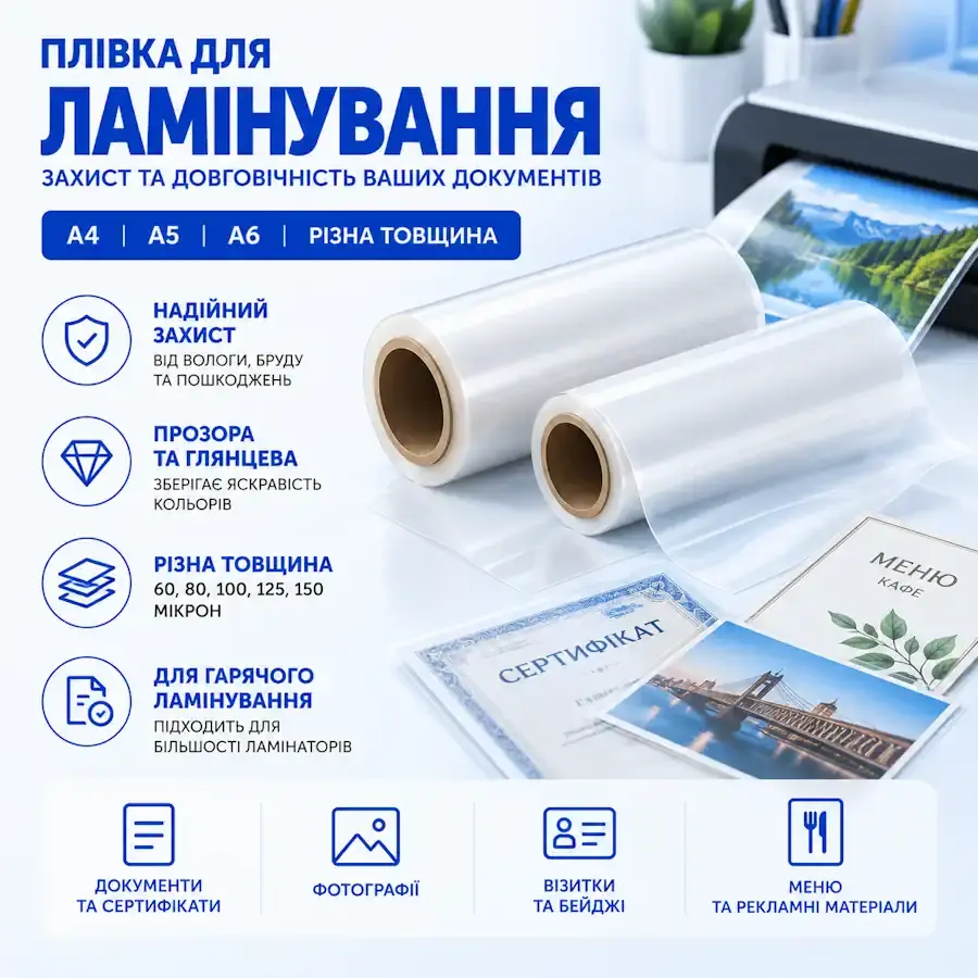 Плівка для ламінування різної товщини: 80, 100, 125, 150 та 250 мкм для захисту документів.