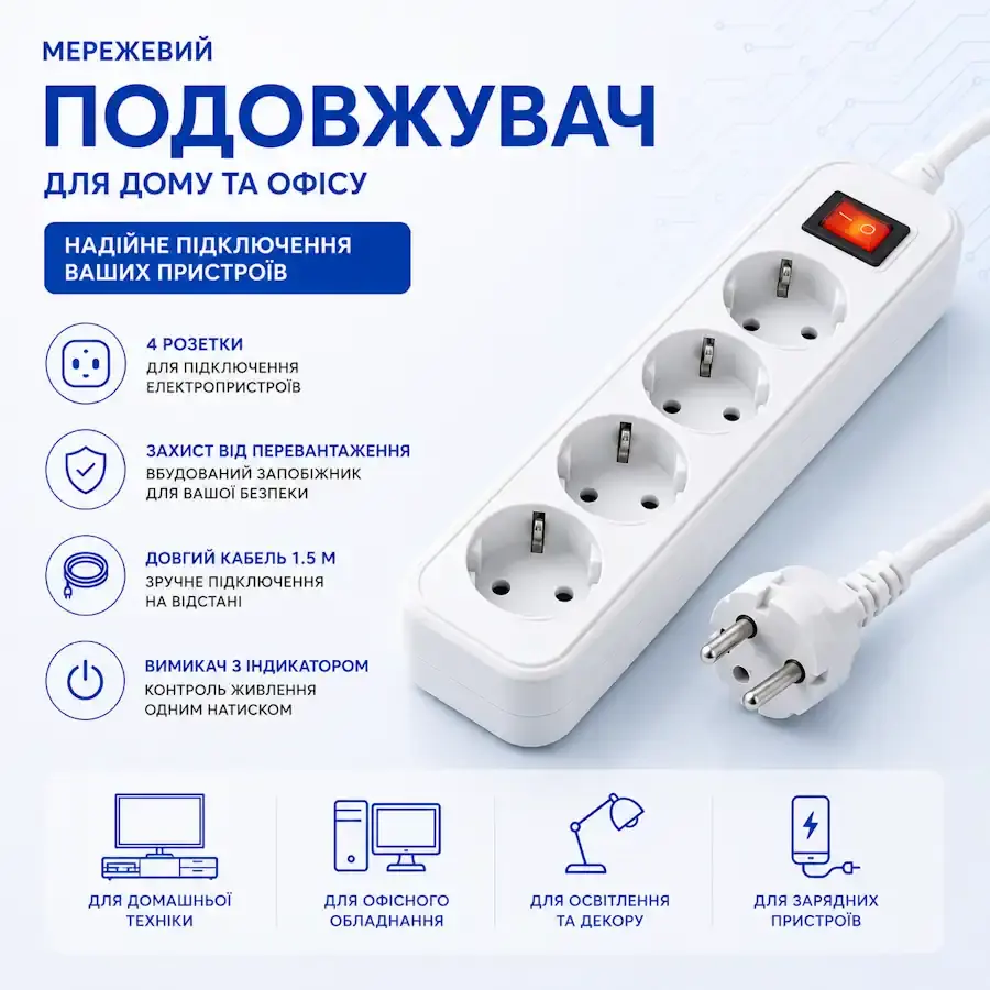 Мережевий подовжувач з кількома розетками та вимикачем