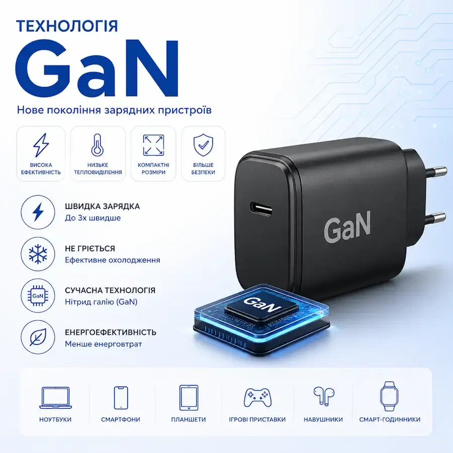 Схематичне зображення технології GaN (Gallium Nitride) у сучасному зарядному пристрої