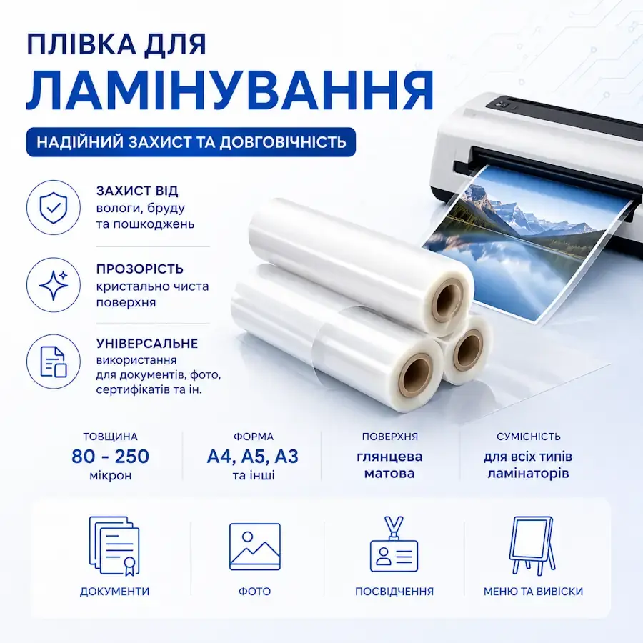 Плівка для ламінування різних форматів і товщини для офісних ламінаторів