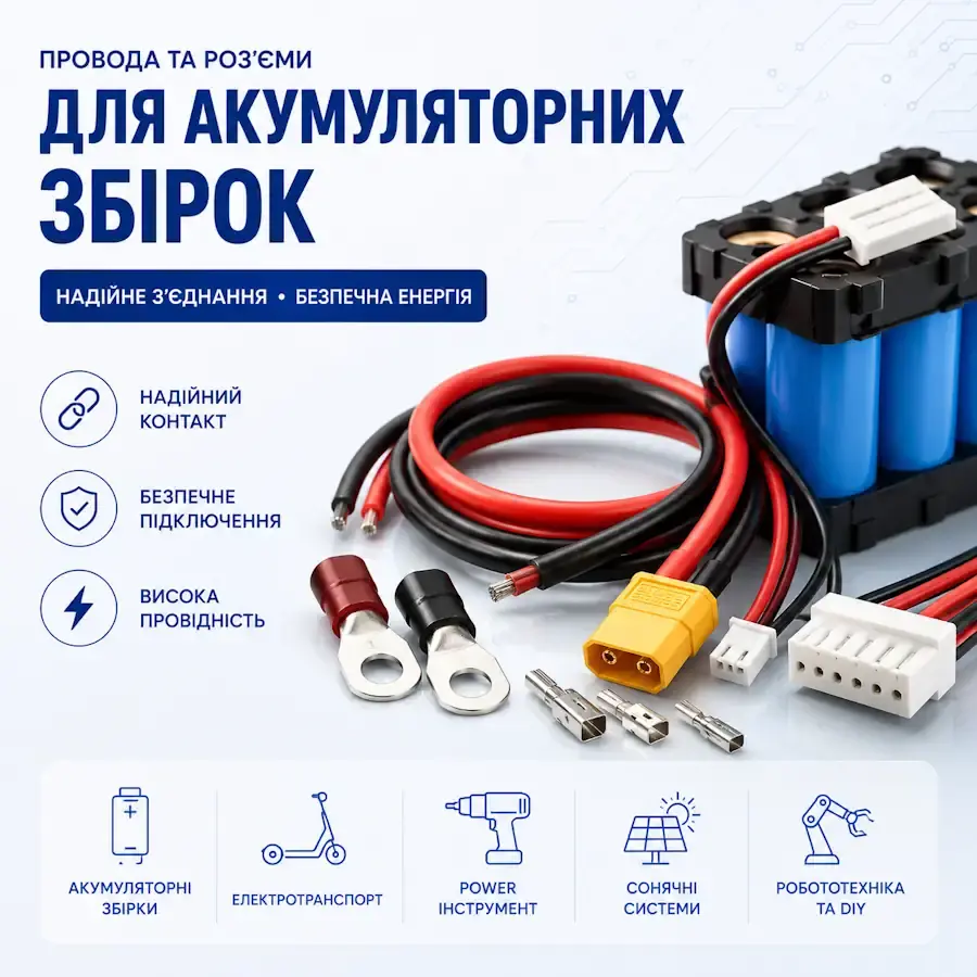 Провода та різні типи роз'ємів для акумуляторних збірок: XT60, XT90, JST, Deans, Anderson на білому фоні
