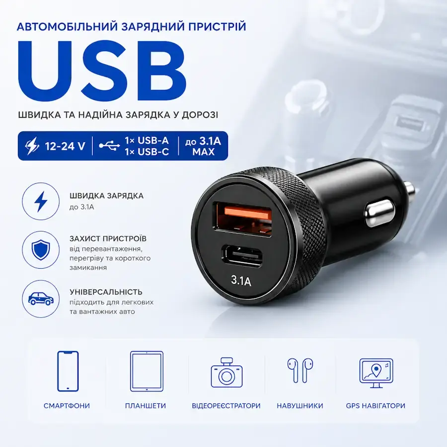 Автомобільний USB зарядний пристрій для розетки 12/24 В із підтримкою швидкого заряджання