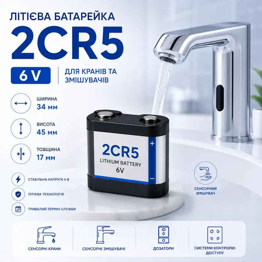Антропоморфна батарейка, що символізує 2CR5 Батарейки для сантехніки та змішувачив доступні на батарейки.com.ua