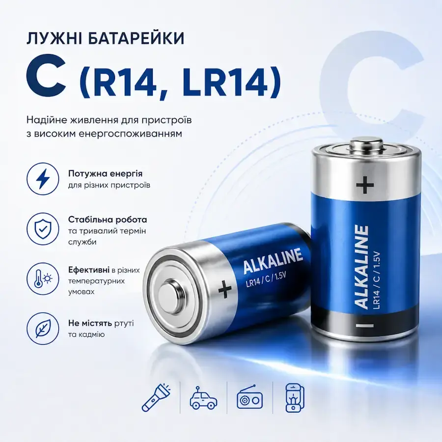 Батарейка C (R14, LR14) типорозміру C для ліхтарів, іграшок та портативної техніки