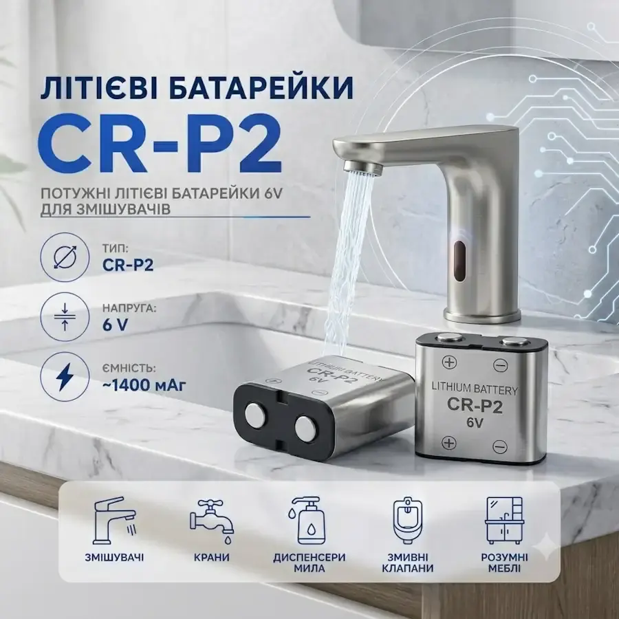 Літієва батарейка CR-P2 6 В для сенсорних змішувачів, безконтактних кранів та автоматики