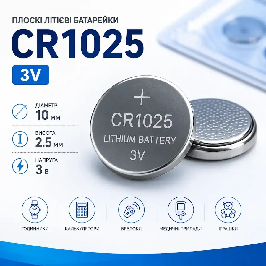Літієва батарейка CR1025 3 В діаметром 10 мм і товщиною 2,5 мм