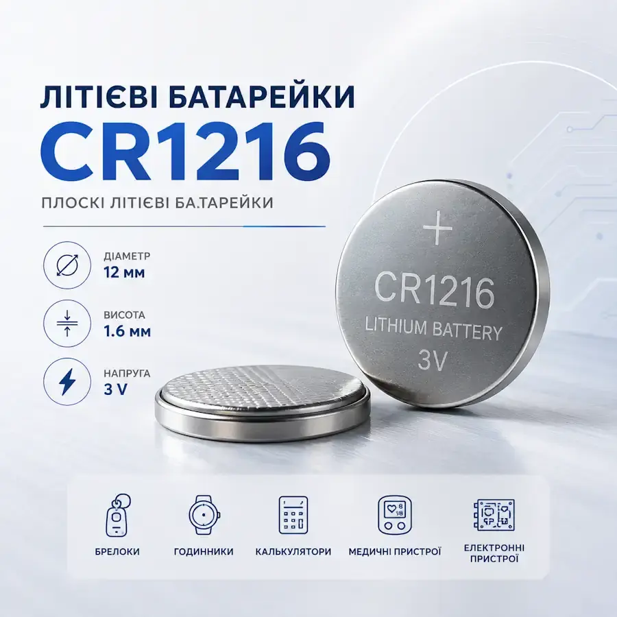 Літієва батарейка CR1216 3 В діаметром 12 мм і товщиною 1,6 мм