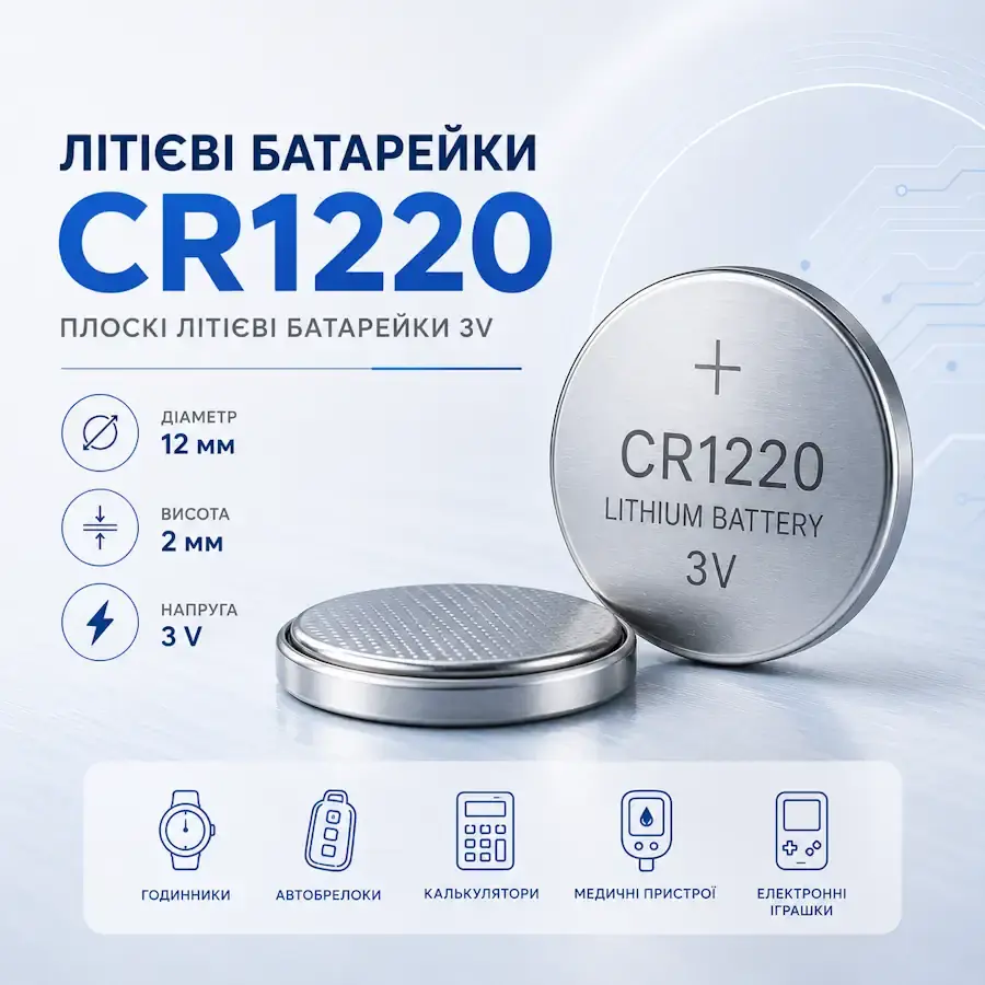 Літієва кнопкова батарейка CR1220 3 В діаметром 12 мм і товщиною 2,0 мм