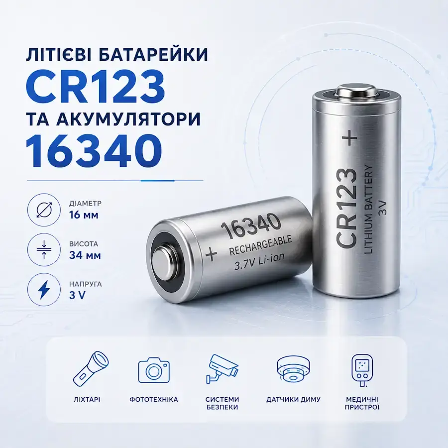 Літієва батарейка CR123 та Li-Ion акумулятор 16340 формату 16×34 мм