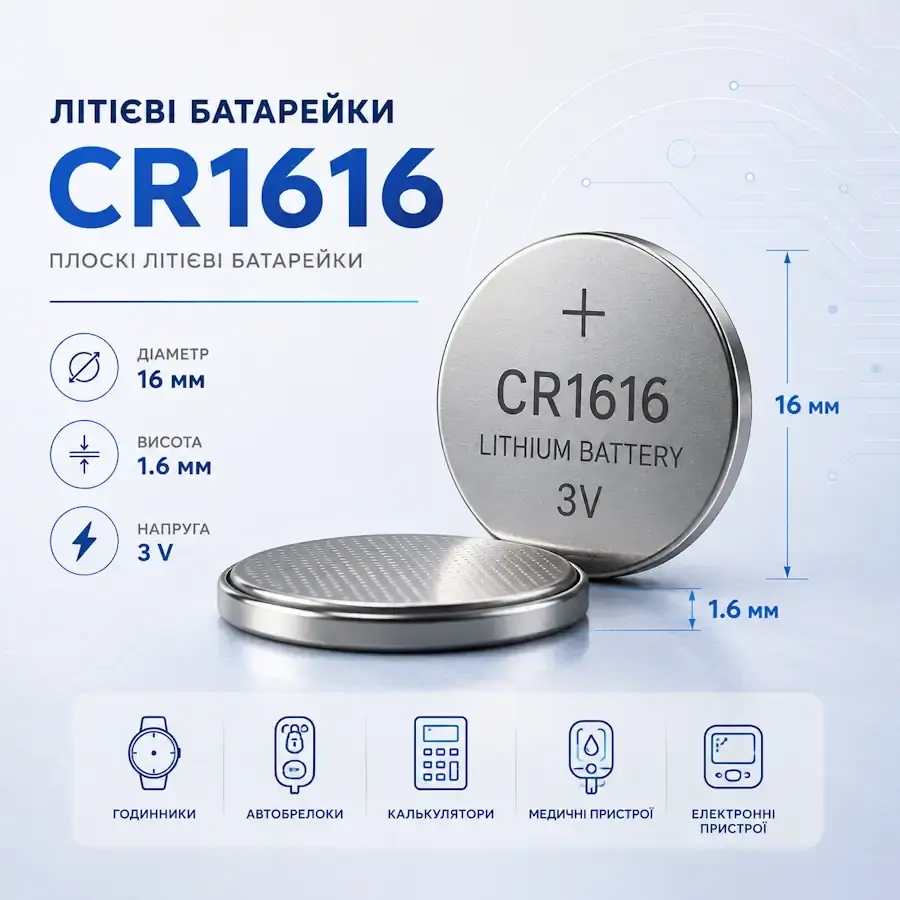 Літієва батарейка CR1616 3 В діаметром 16 мм і висотою 1,6 мм для годинників, брелоків та електронних пристроїв