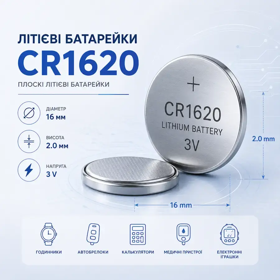 Літієва батарейка CR1620 3 В діаметром 16 мм і товщиною 2,0 мм