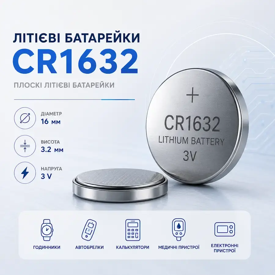 Літієва батарейка CR1632 3 В діаметром 16 мм і товщиною 3,2 мм