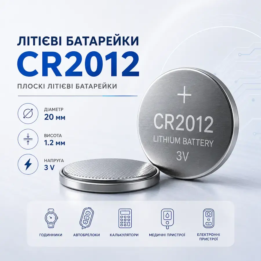 Літієва батарейка CR2012 3 В діаметром 20 мм і товщиною 1,2 мм