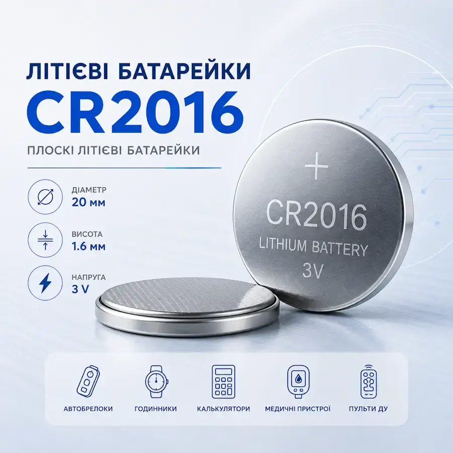 Літієва батарейка CR2016 3 В діаметром 20 мм і товщиною 1,6 мм