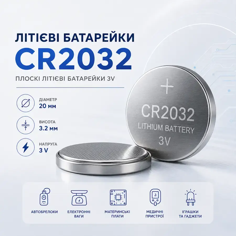 Літієва батарейка CR2032 3 В діаметром 20 мм і товщиною 3,2 мм