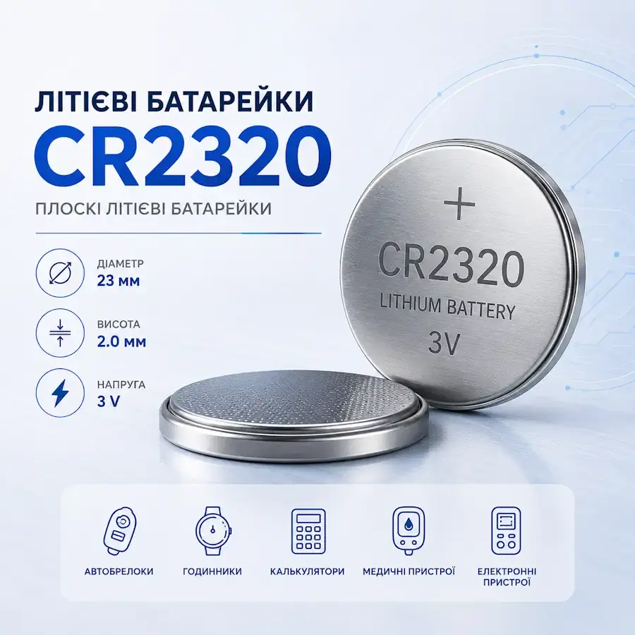 Літієва кнопкова батарейка CR2320 3 В діаметром 23 мм і товщиною 2,0 мм