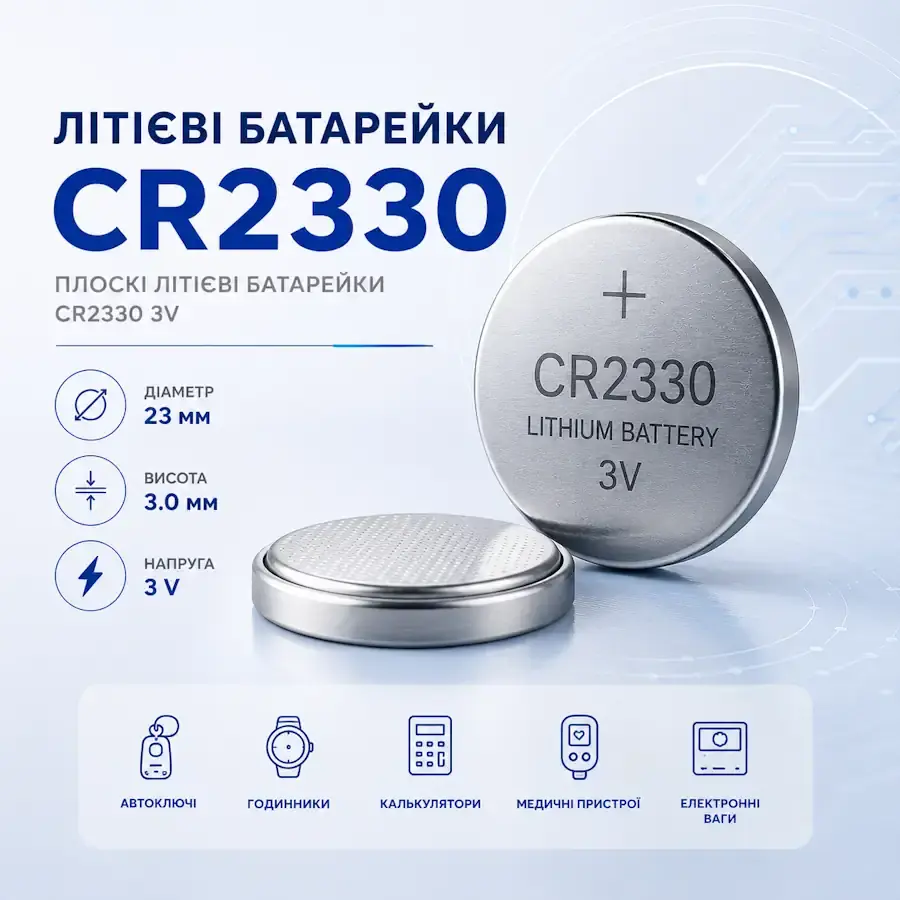 Літієва батарейка CR2330 3 В діаметром 23 мм і висотою 3,0 мм