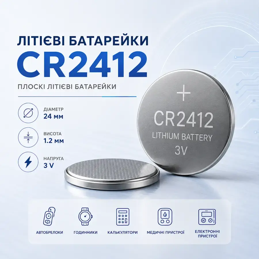 Літієва кнопкова батарейка CR2412 3 В діаметром 24 мм і товщиною 1,2 мм