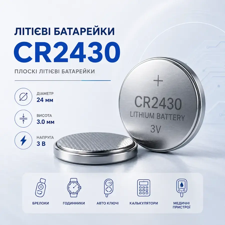 Літієва кнопкова батарейка CR2430 3 В діаметром 24 мм і товщиною 3,0 мм
