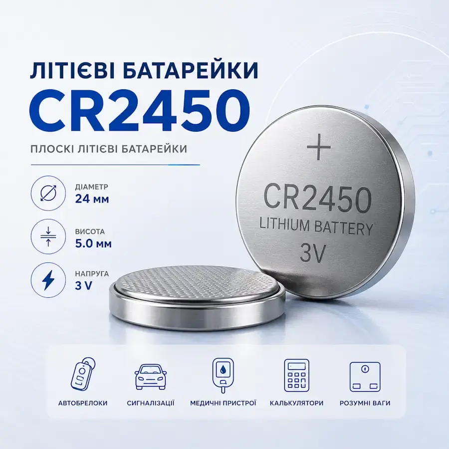 Літієва батарейка CR2450 3 В діаметром 24 мм і товщиною 5,0 мм