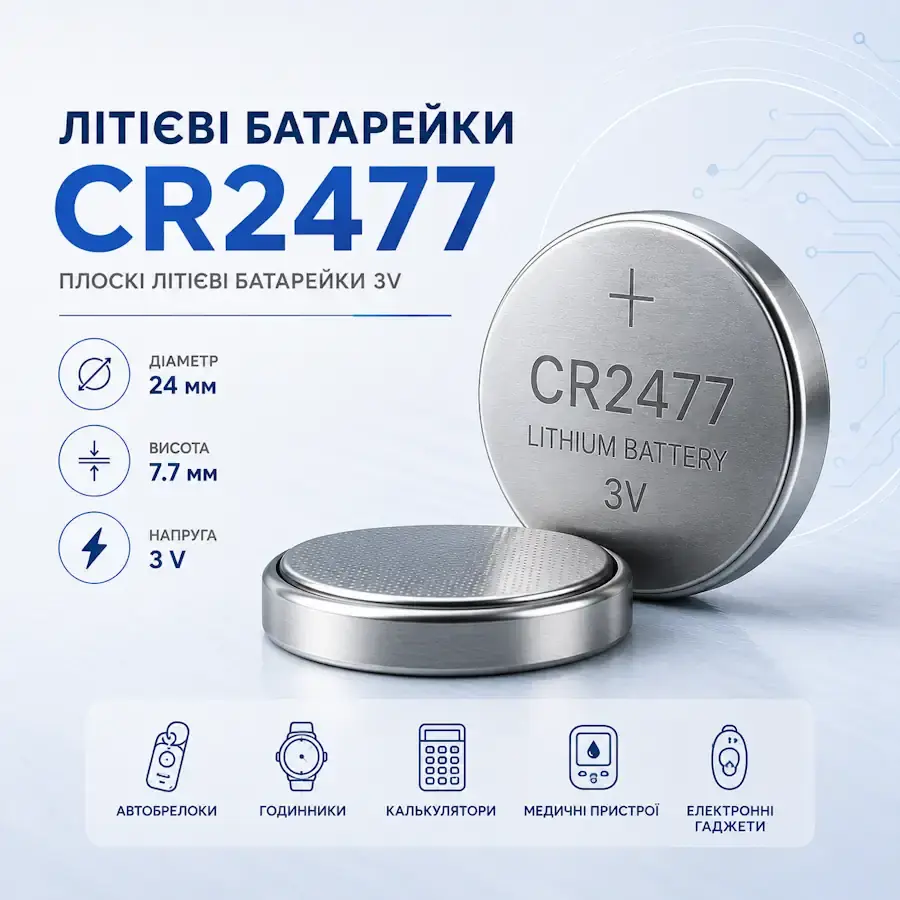 Літієва батарейка CR2477 3 В діаметром 24 мм і висотою 7,7 мм