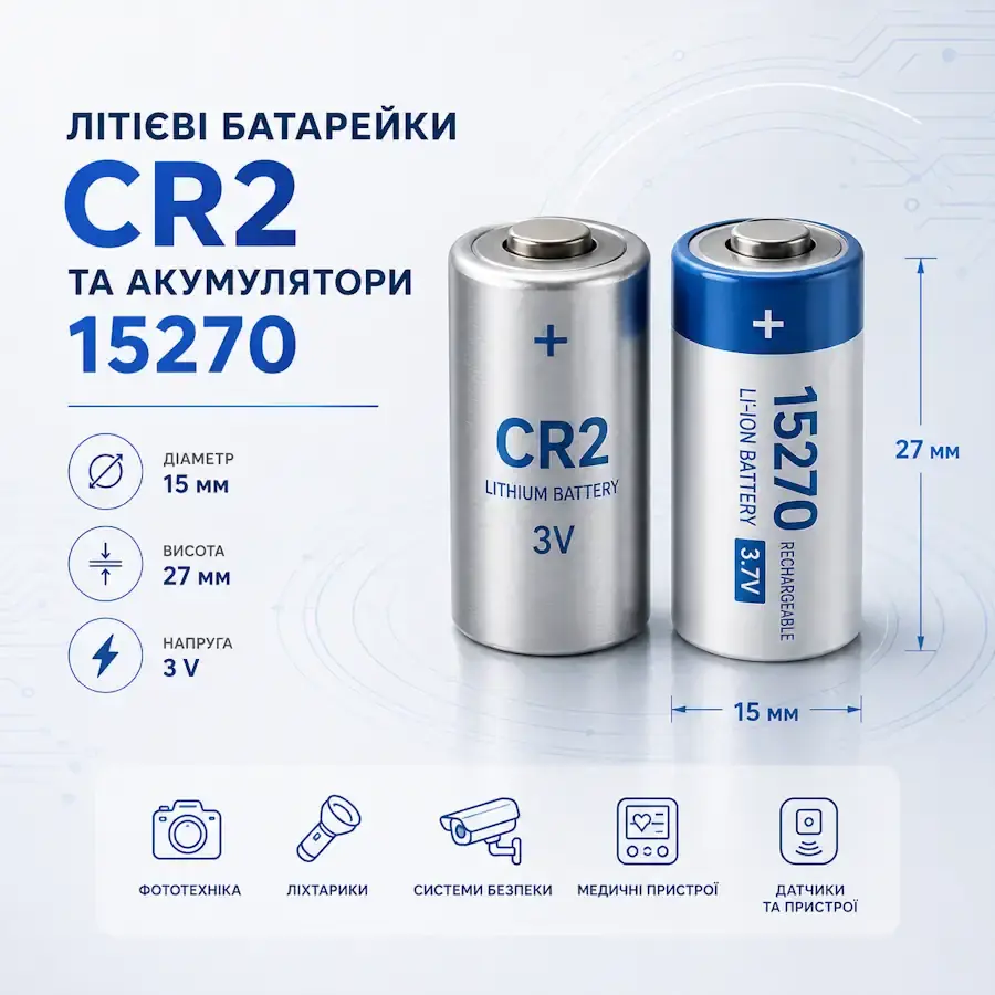 Літієва батарейка CR2 3 В та акумулятор 14250 для фототехніки, ліхтарів і вимірювальних приладів