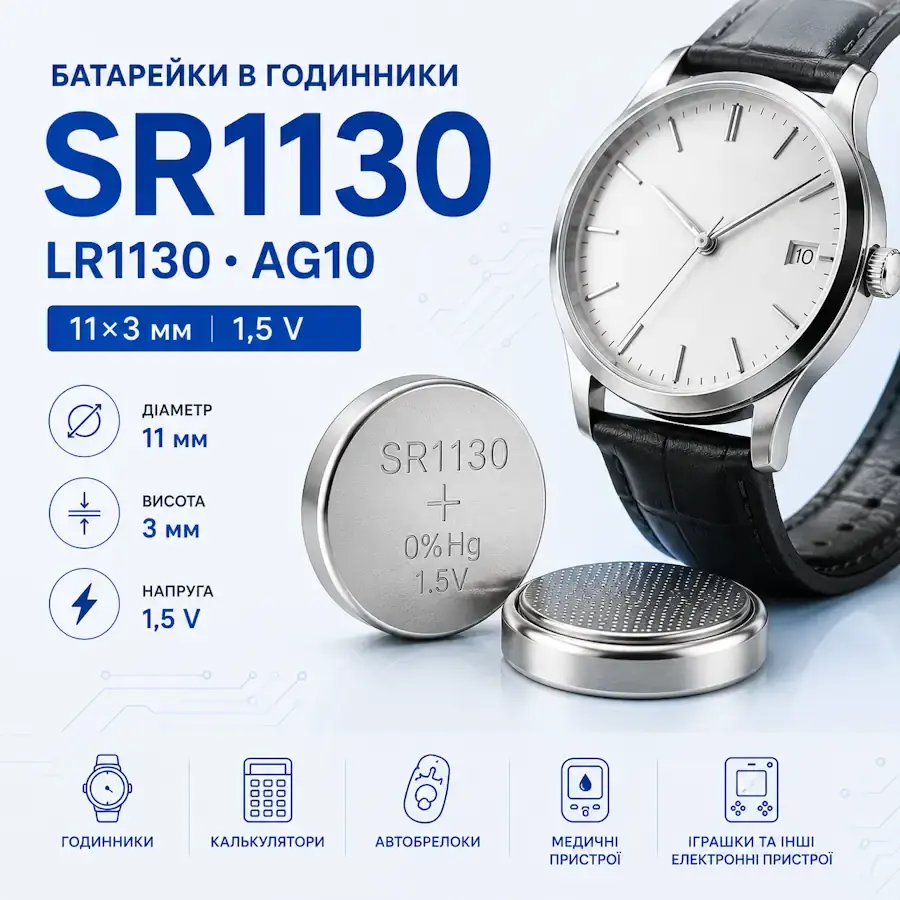 Батарейки SR1130, LR1130 та AG10 розміром 11×3 мм