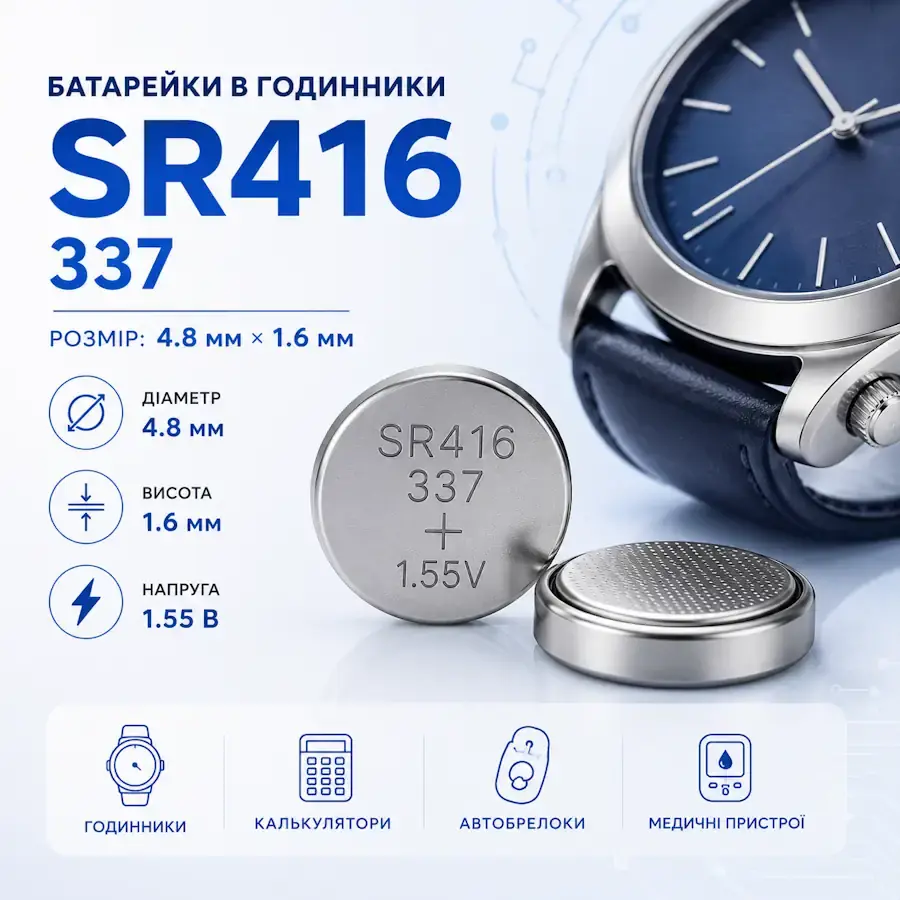 Батарейка SR416 (337) типорозміру 4,8×1,6 мм для годинників