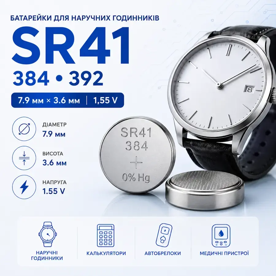 Батарейки SR41, 384, 392, LR41 та AG3 типорозміру 7,9×3,6 мм