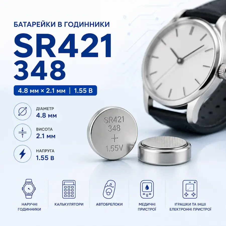 Батарейка SR421, 348 типорозміру 4,8×2,1 мм для годинників